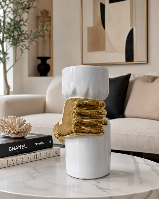 statement vase featuring a glossy white finish